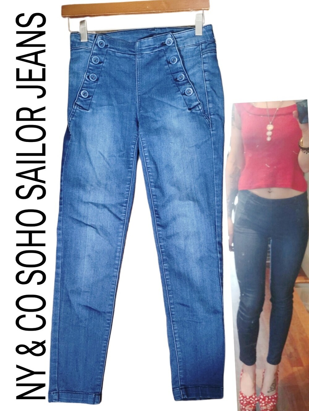 NY & Co Soho Sailor Nautical Button High-Rise Cropped Skinny Jeans - Blue